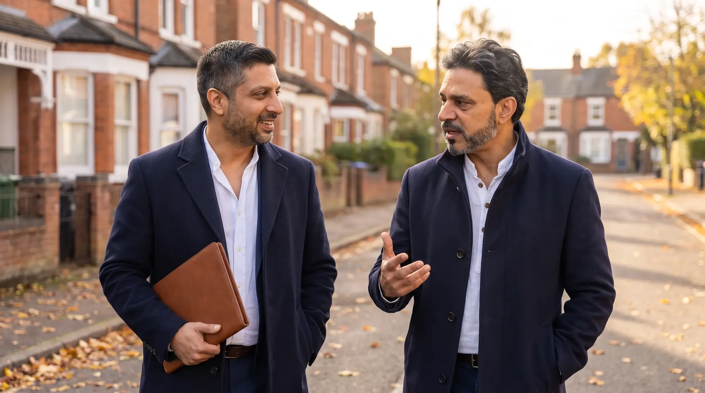 Illustrative image: Billy Kukadia and Pravesh Rajdev talking as they walk along a residential street with a folder