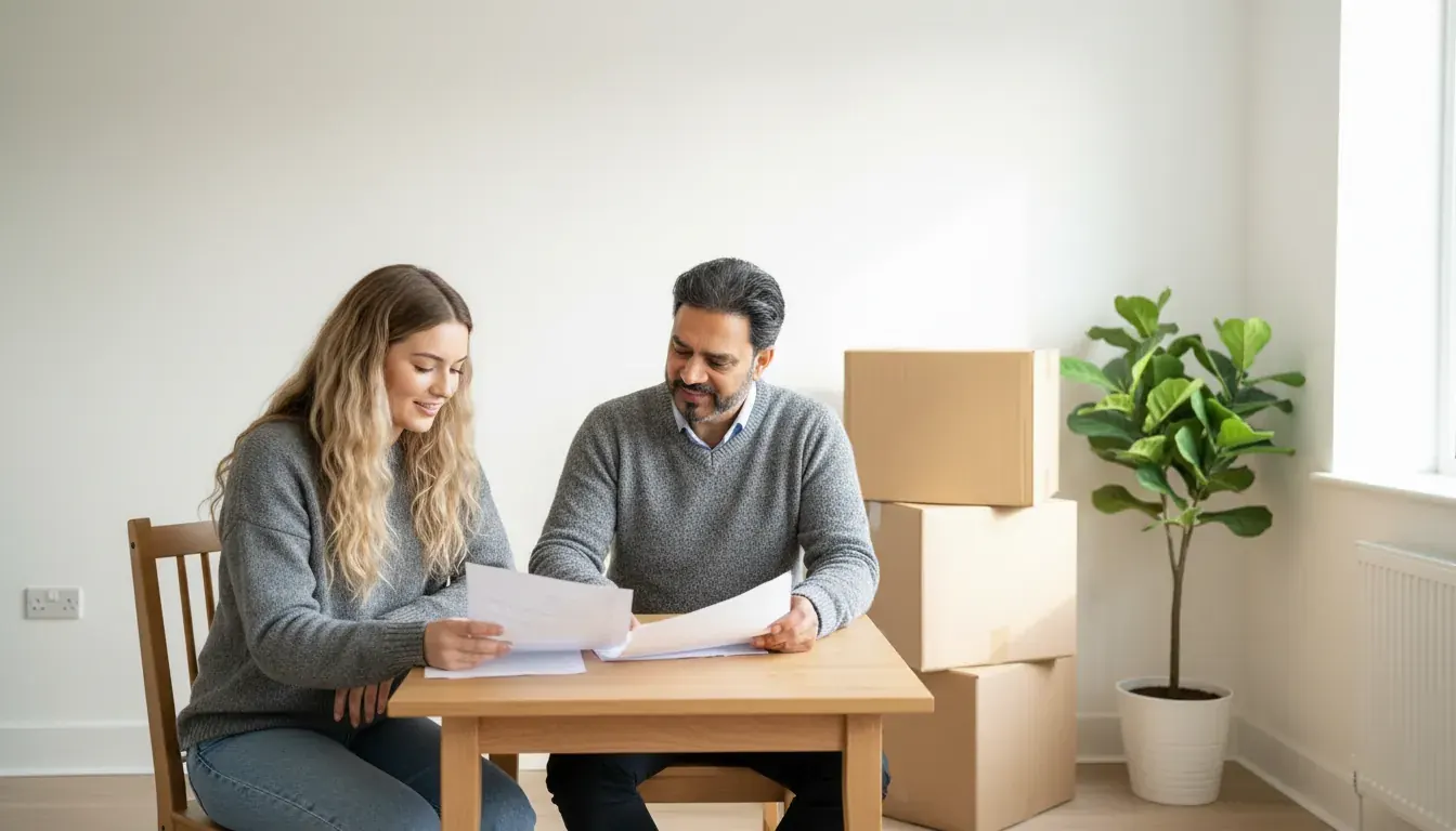 Illustrative image: a woman and man reviewing papers at a table in a bright flat beside moving boxes