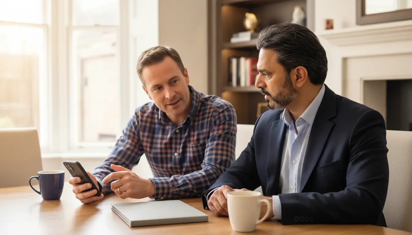 Illustrative image: two men looking at a phone together at a dining table with a notebook and mugs