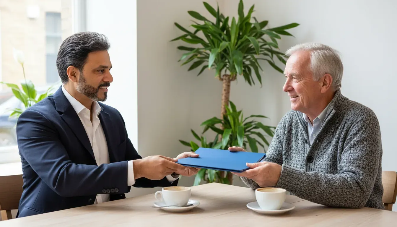 Illustrative image: a man handing a blue folder to an older man across a café table with two cups