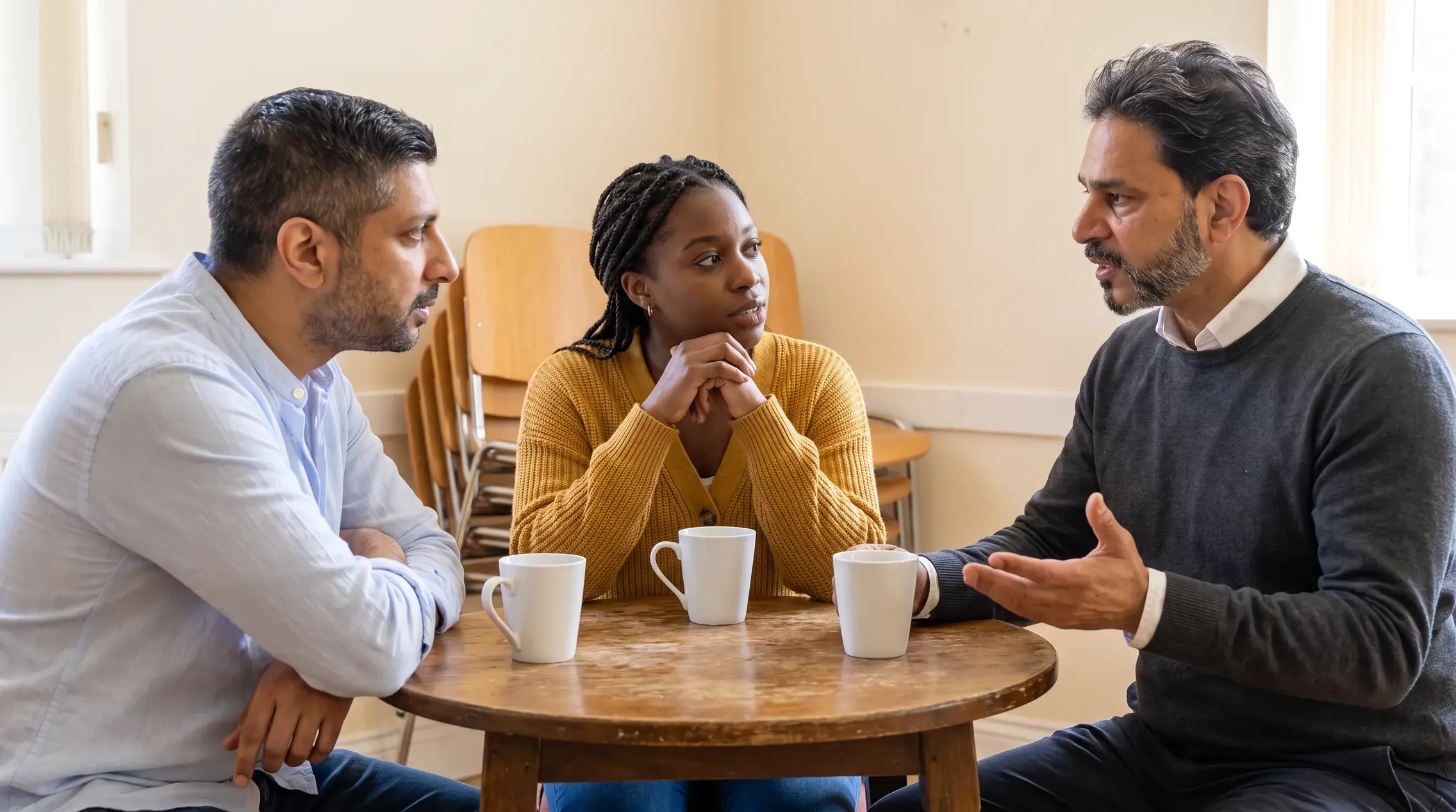 Illustrative image: Billy Kukadia and Pravesh Rajdev talking over tea at a table in a community room