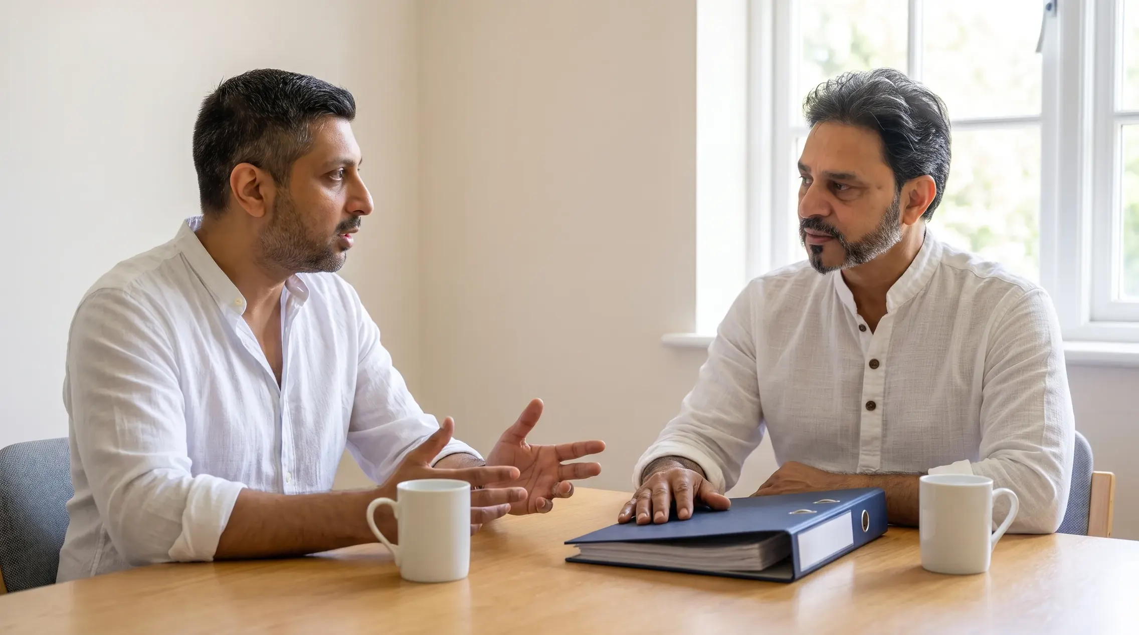 Illustrative image: Billy Kukadia and Pravesh Rajdev discussing preparation together over a plain folder at a meeting-room table