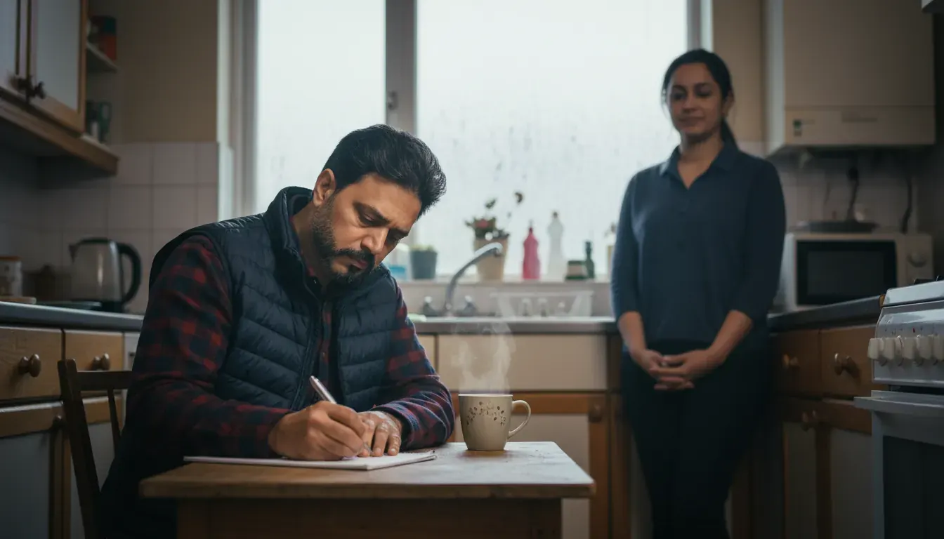 Illustrative image: a man writing a letter at a kitchen table with a cup of tea while a woman stands nearby