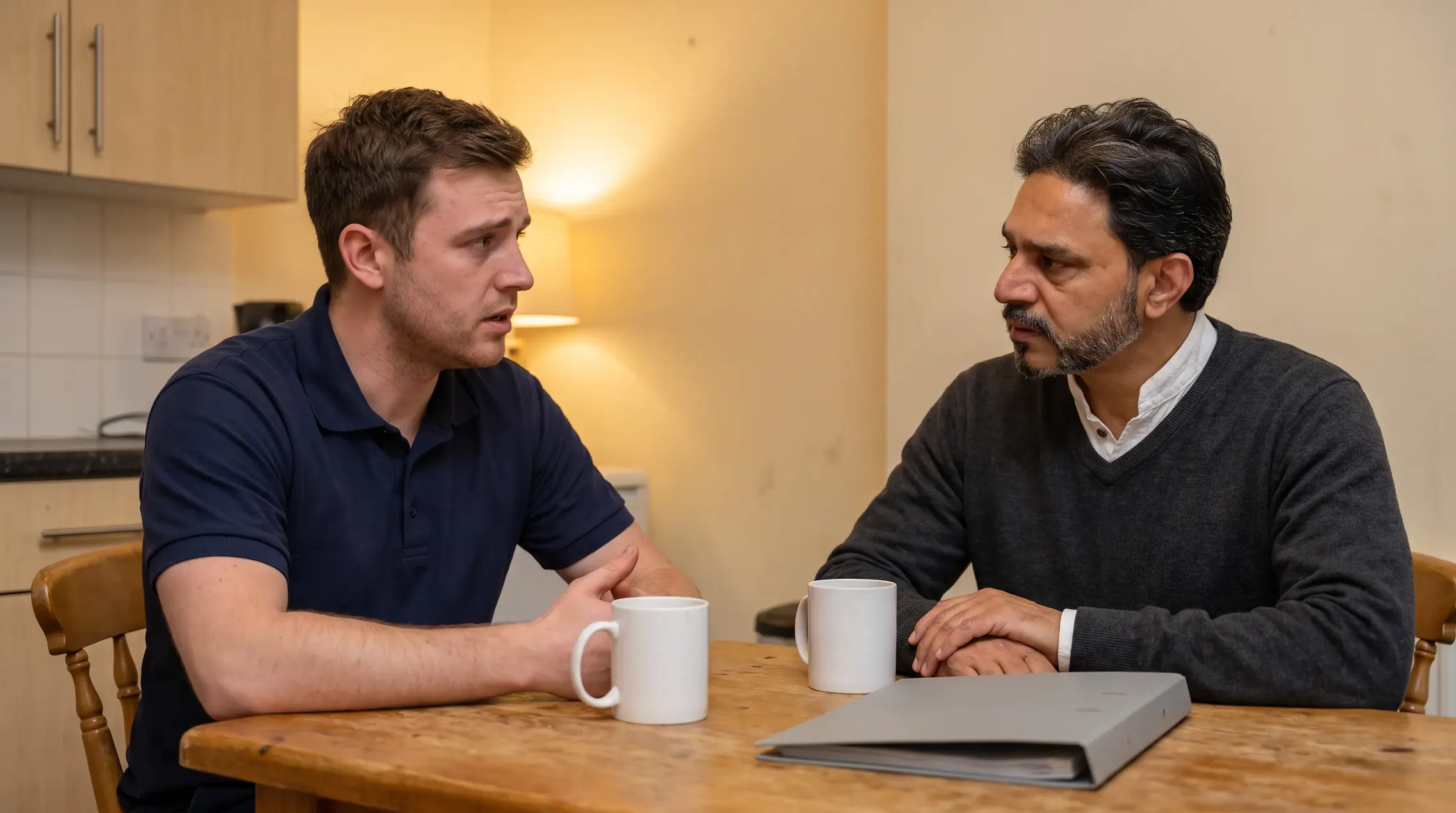 Illustrative image: Billy Kukadia listening to a man at a kitchen table beside a plain folder and mugs