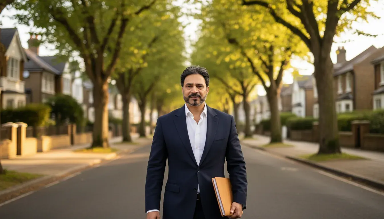 Illustrative image: Billy Kukadia standing on a quiet tree-lined residential street, holding a folder