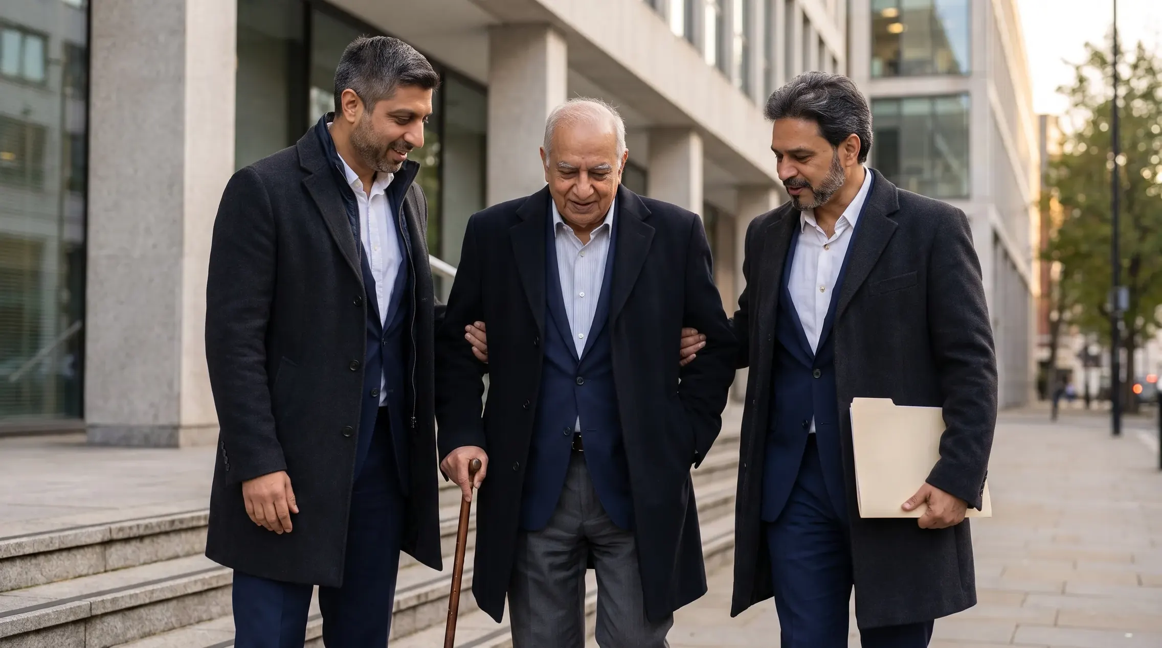 Illustrative image: Billy Kukadia and Pravesh Rajdev walking beside an older man with a walking stick outside a modern building
