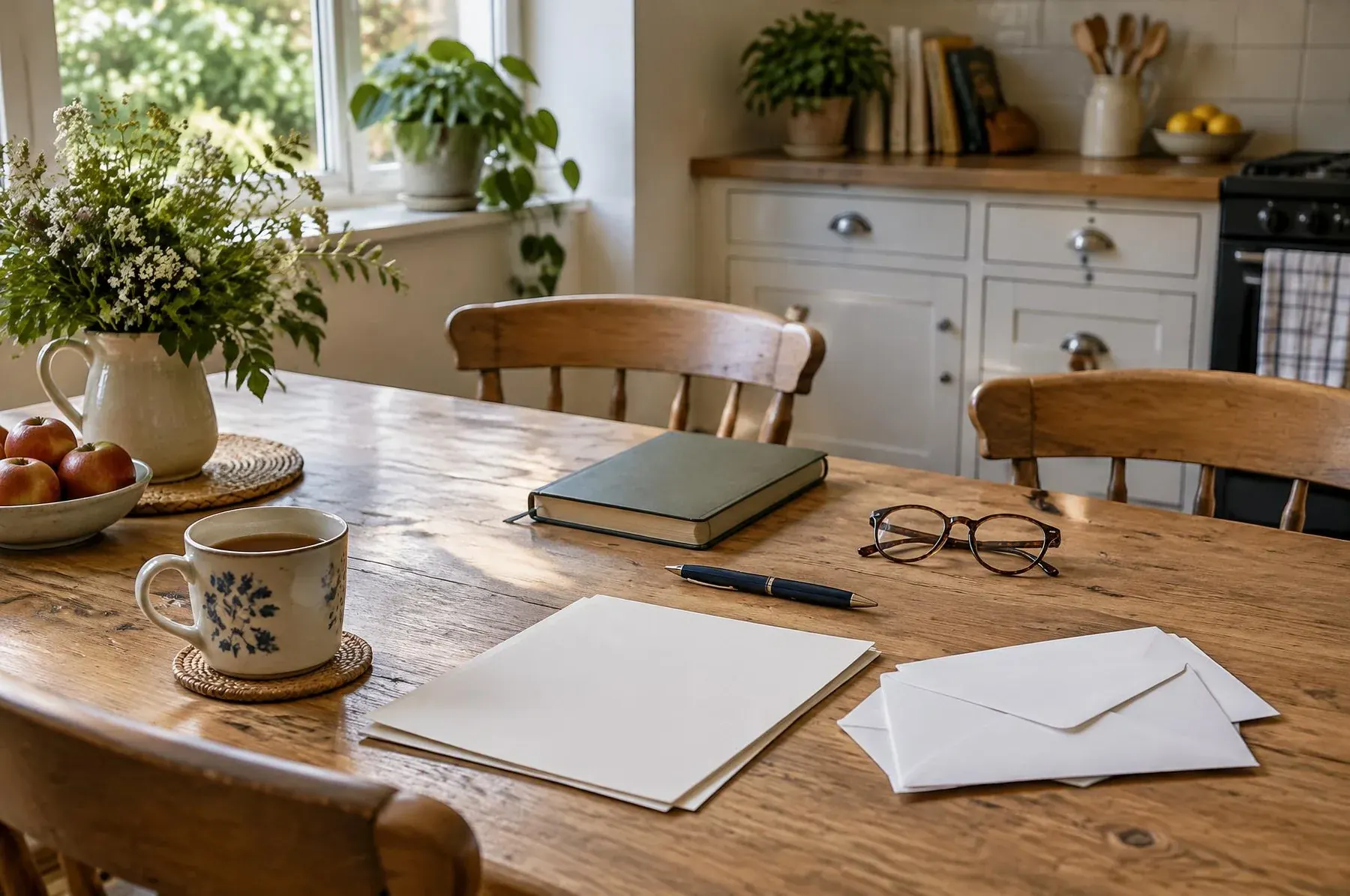 Illustrative image: envelopes, blank papers, a notebook and a cup of tea on a sunlit kitchen table