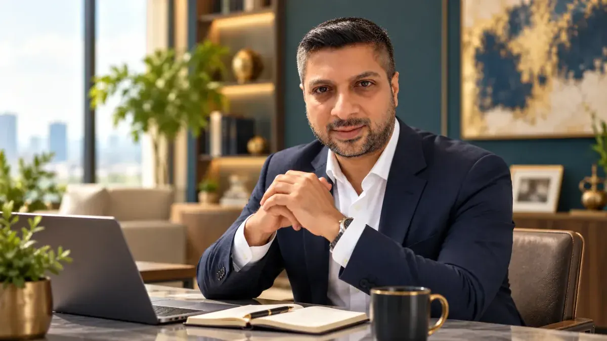 Pravesh Rajdev sitting at a desk with a laptop, notebook and coffee cup