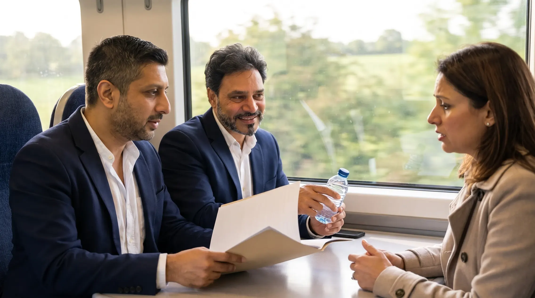 Illustrative image: Billy Kukadia and Pravesh Rajdev talking with a woman over a plain folder at a train table