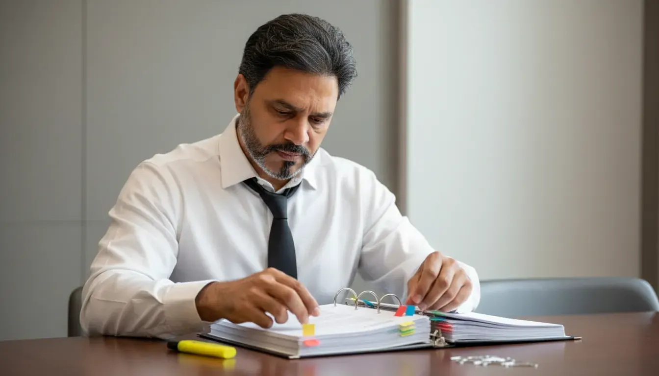 Illustrative image: Billy Kukadia adding coloured tabs to a thick ring binder at a desk