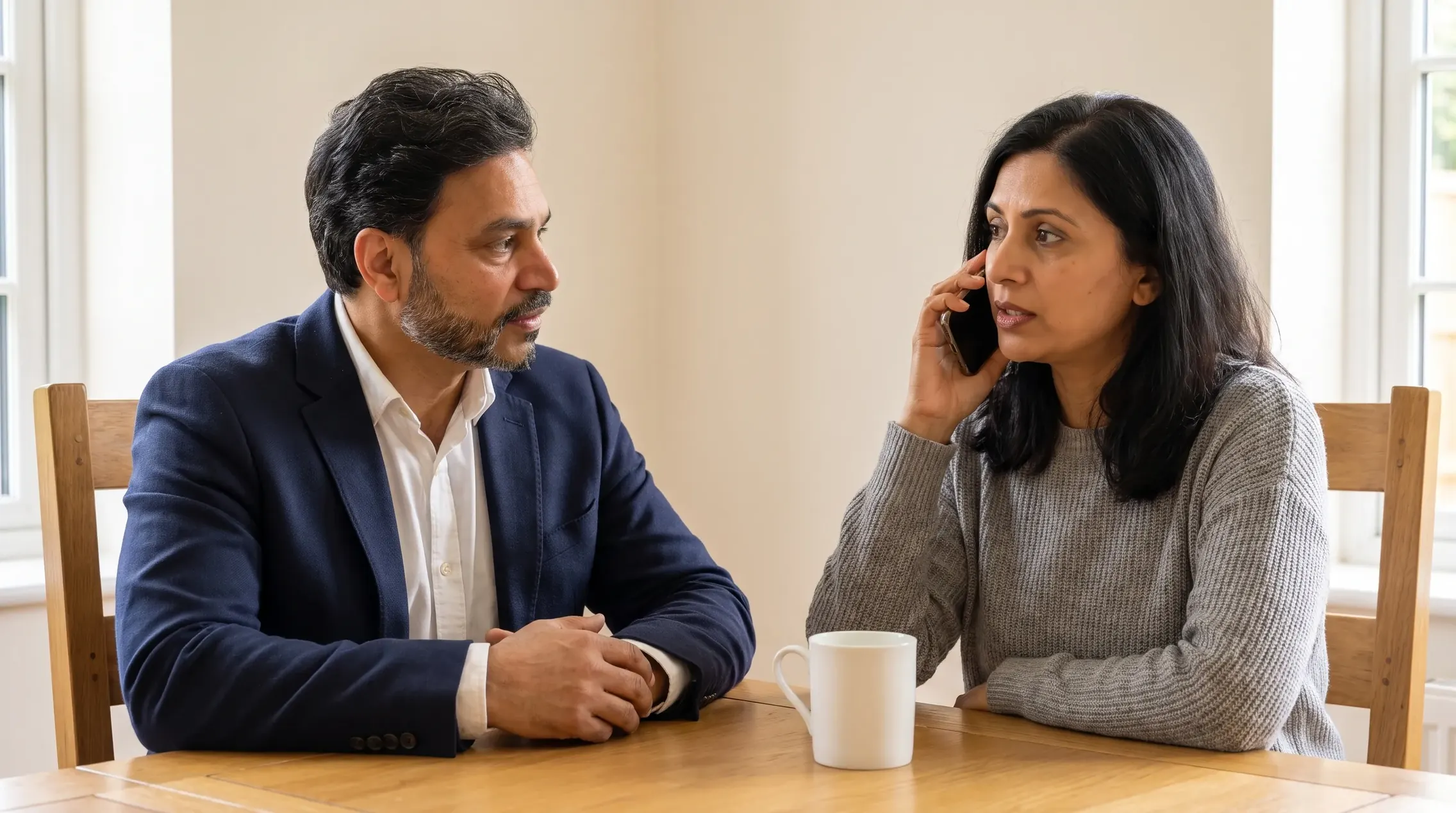 Illustrative image: Billy Kukadia sitting beside a woman making a phone call at a kitchen table