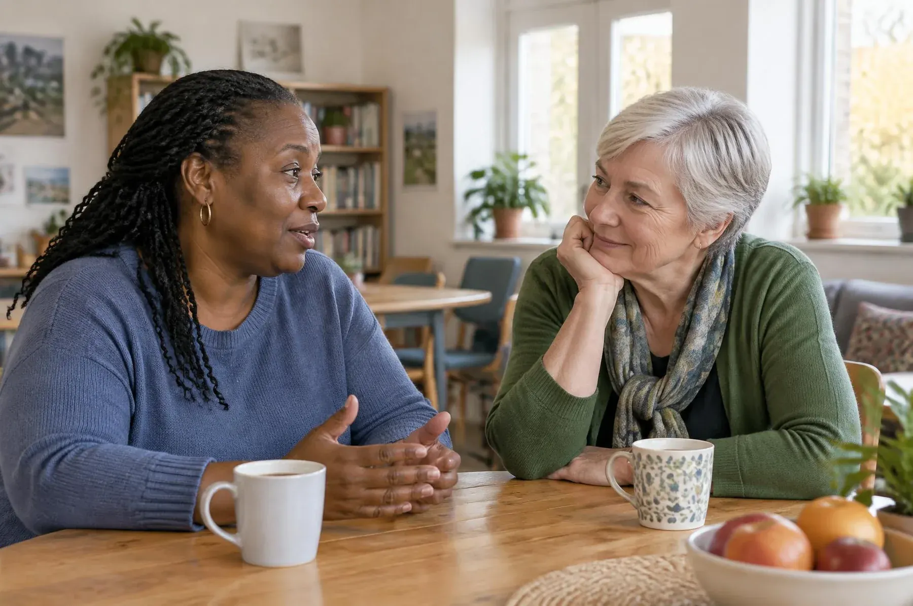 Illustrative image: two women listening and talking together over tea in a bright community room