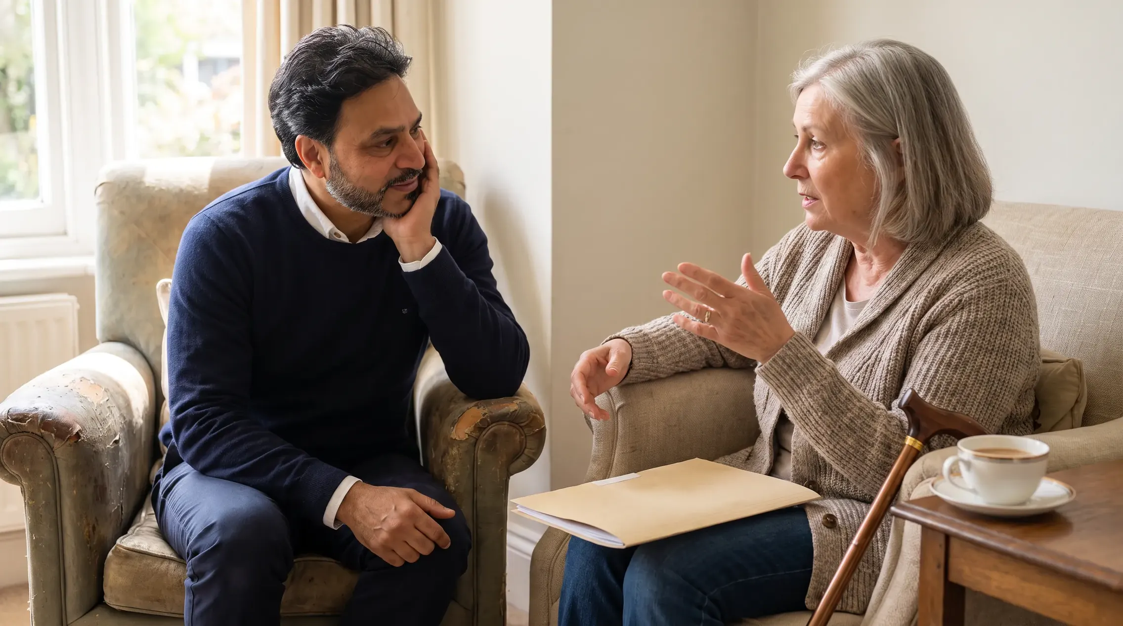 Illustrative image: Billy Kukadia listening to an older woman with a plain folder at home