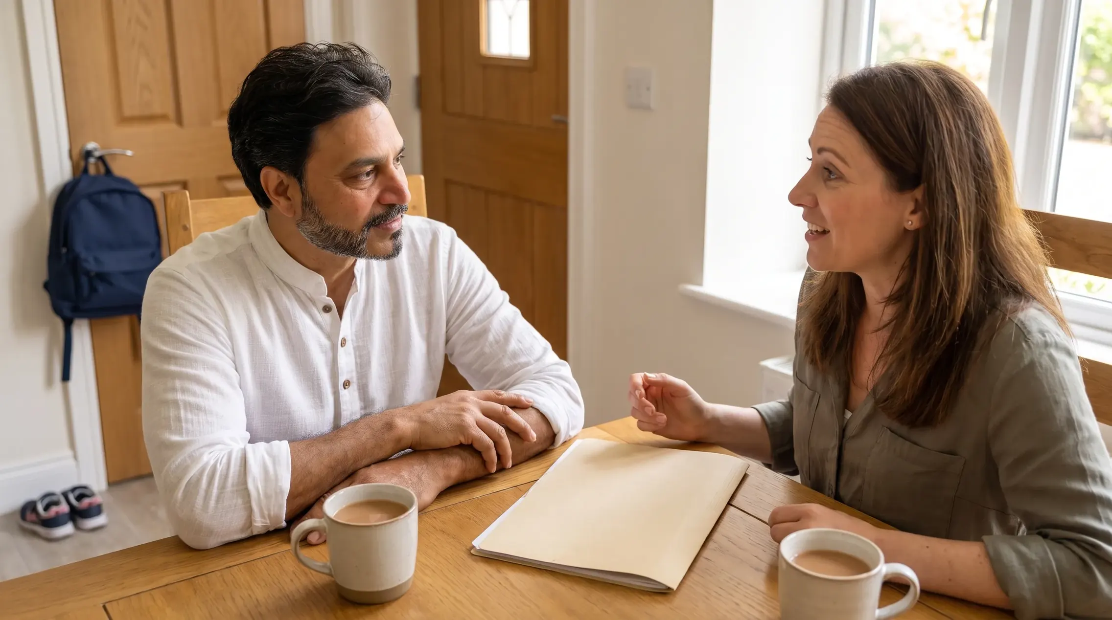 Illustrative image: Billy Kukadia talking with a parent over a plain folder at a kitchen table