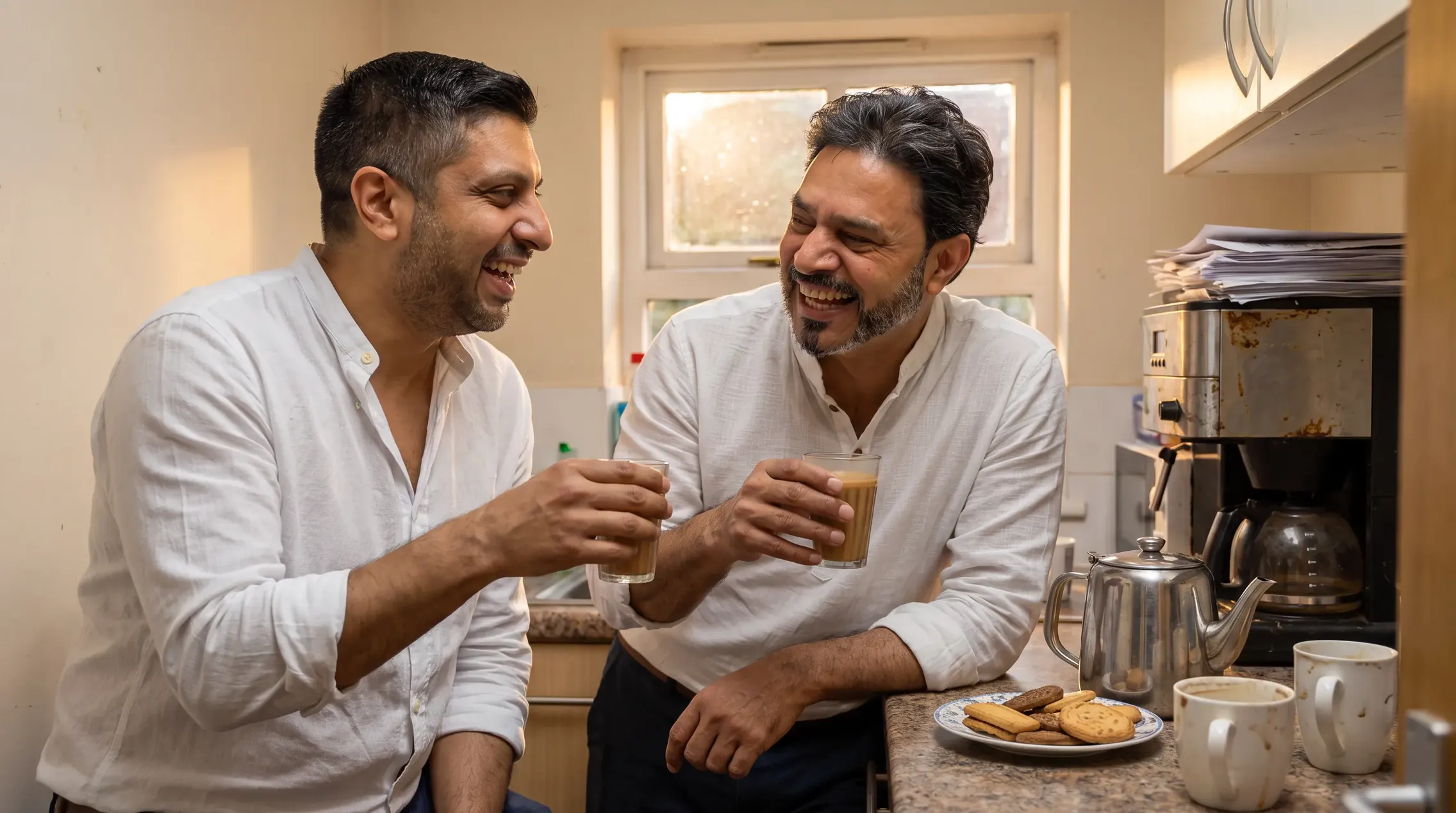 Illustrative image: Billy Kukadia and Pravesh Rajdev laughing together over chai in a kitchen