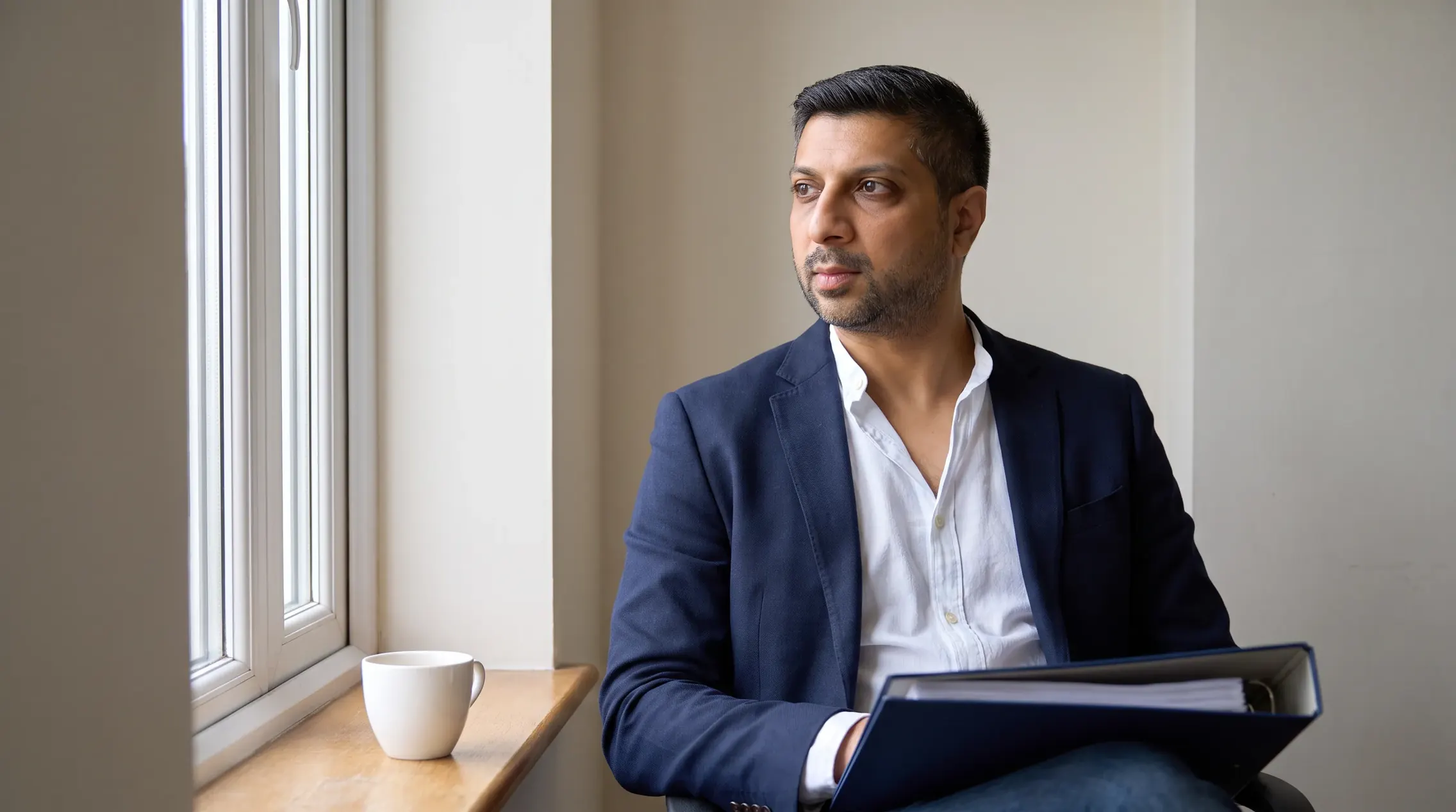 Illustrative image: Pravesh Rajdev sitting beside a window with a plain folder and tea