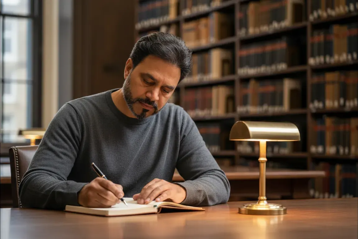 Illustrative image: Billy Kukadia writing in a notebook at a library table under a brass reading lamp